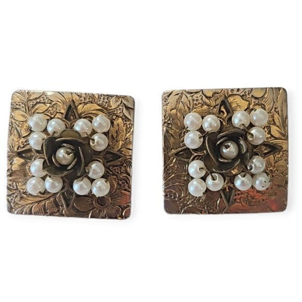 Vintage Square Beaded Gold Tone Stud Earrings 80s 90s‎